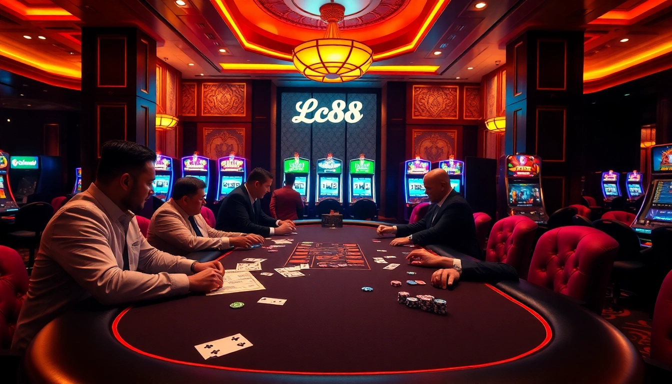 Experience the excitement of Lc88 vip at a luxury poker table surrounded by vibrant slot machines.