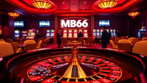 Engaging MB66 casino scene featuring roulette and slot machines in vibrant, luxurious decor.
