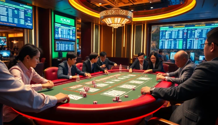 Players engaging in an exciting xóc đĩa online game at a vibrant casino table.