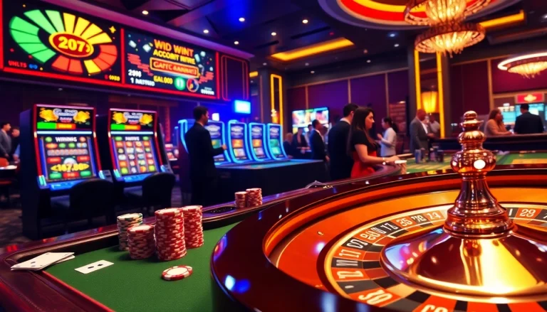 Exciting casino scene showcasing nhà cái SODO66 with poker chips, cards, and roulette table action.