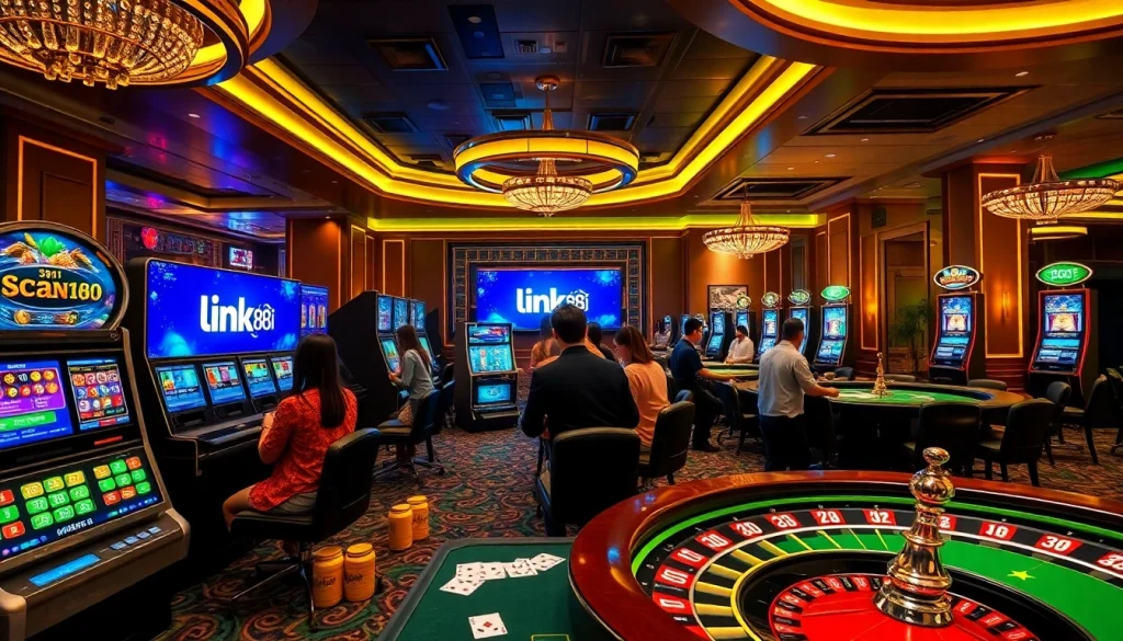 Experience the thrill of online gaming with link 88i in a luxurious casino setting featuring engaging slot machines and tables.