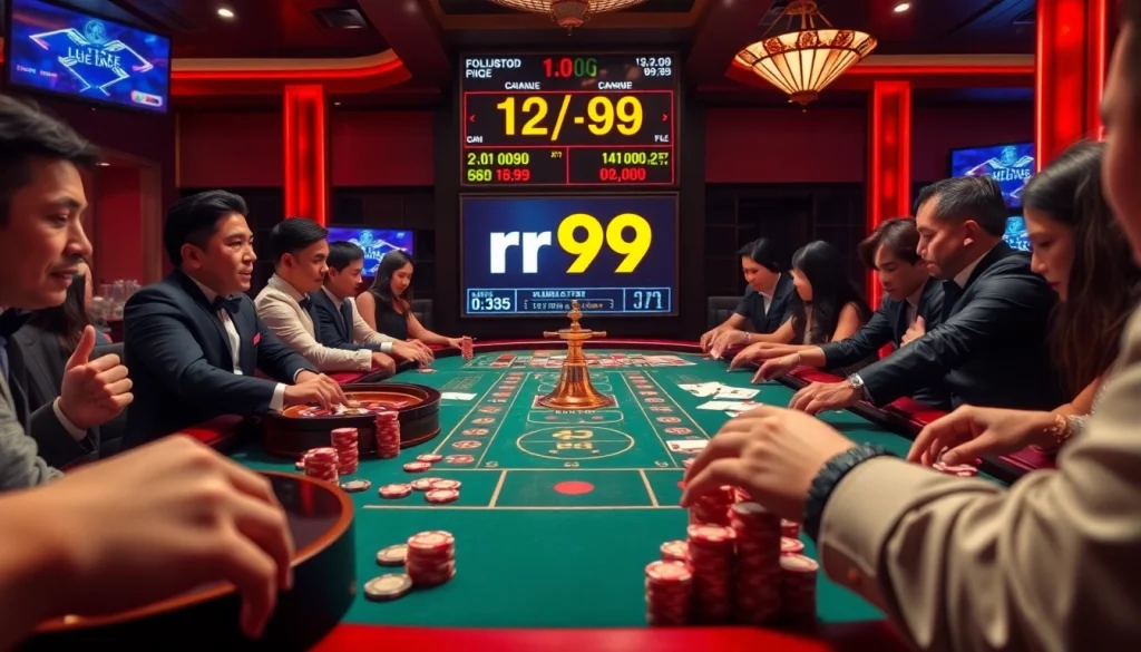 Players engaging at a casino table with rr99 poker chips, capturing the thrill of the game.
