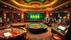 Experience RR88's online gambling glory with vibrant cards, roulette wheels, and energetic casino ambiance.