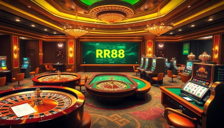 Experience RR88's online gambling glory with vibrant cards, roulette wheels, and energetic casino ambiance.