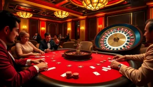 Engaged players enjoying high-stakes poker at https://23winn.casino/ in a luxurious casino setting.