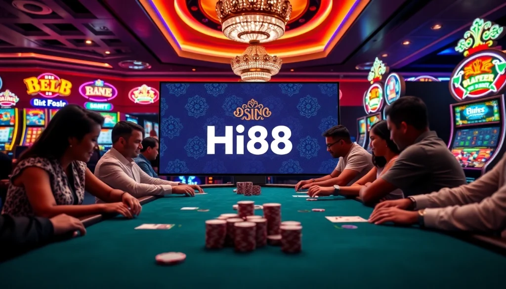 Hi88 casino scene with poker players, vibrant lights, and high-stakes action.