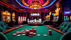 Luck8 poker players strategizing in a luxurious casino environment with vibrant lights.