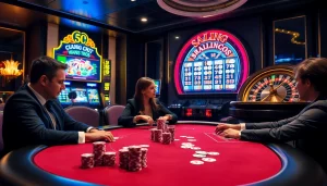 A thrilling poker table scene at trang chủ PS99, showcasing high-stakes gambling with chips and cards.