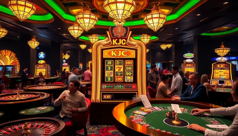 KJC slot machine surrounded by excited players at a luxury casino.