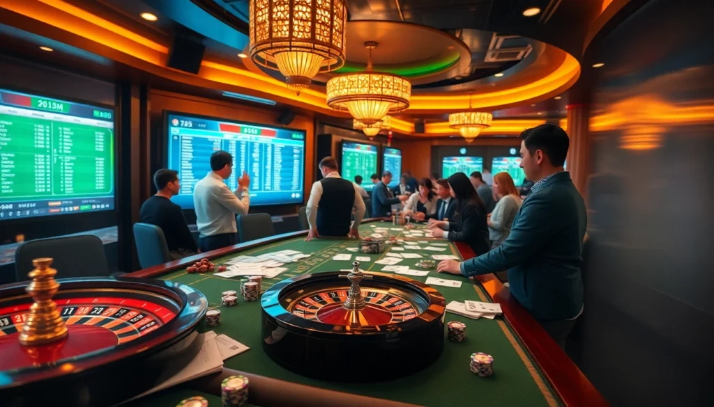 Tỷ lệ bóng đá betting excitement at a luxurious casino table featuring poker chips and betting slips.