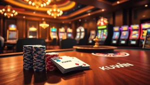 KUWIN casino setting showcasing poker chips and cards on a luxurious table, inviting gamblers to engage.