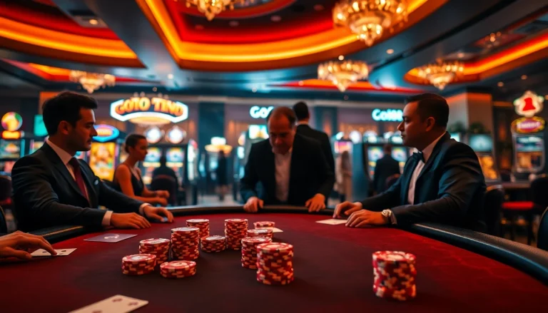 Players engaging in high-stakes poker at GO88 casino, with vibrant slot machines in the background.
