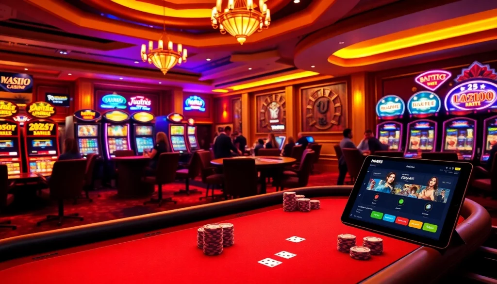 Excited players engaging with MM88 online gambling interface at a lively poker table and roulette wheel.
