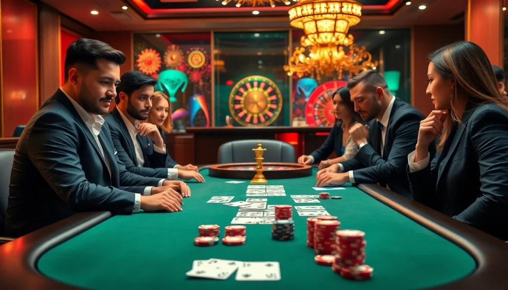 Exciting poker scene showcasing 98win vin with vibrant colors, luxury style, and thrilling gamblers.