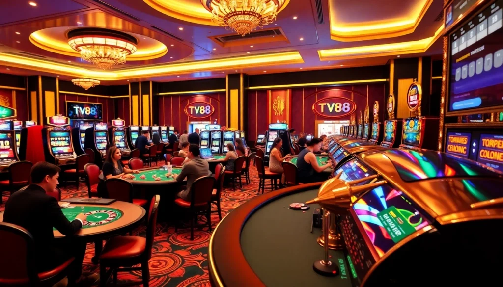 Engaging players excitedly betting at luxurious TV88 casino tables surrounded by vibrant slot machines.