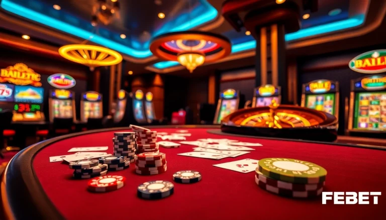 Experience FEBET gaming excitement with vibrant casino tables, poker chips, and roulette wheels.