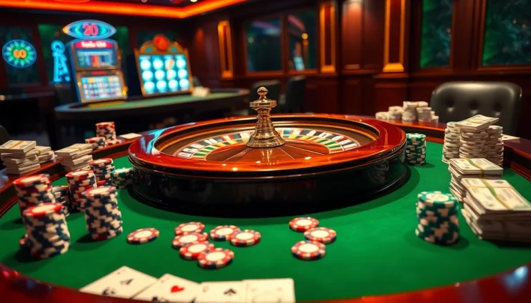 Sodo66 casino scene with vibrant poker chips, cash, and a roulette table in an inviting ambiance.