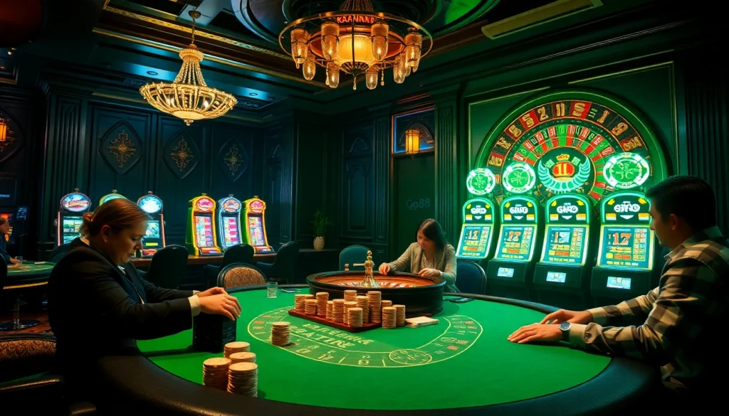 Engaging poker game scene at https://go88.audio/ with vibrant chips and roulette wheel.