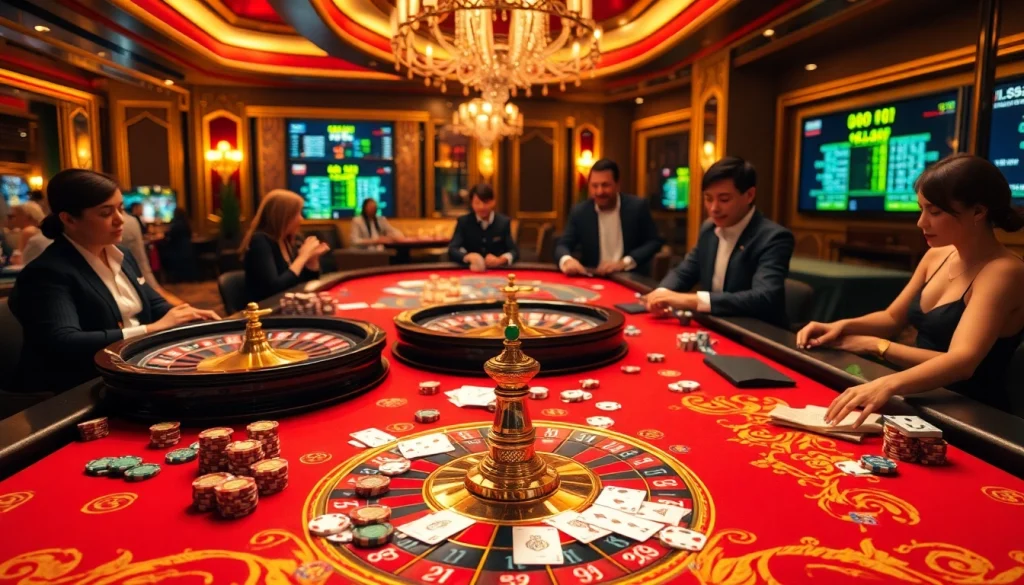 Players engaging at the luxurious gaming table at lc88.com, showcasing poker chips and roulette wheels.