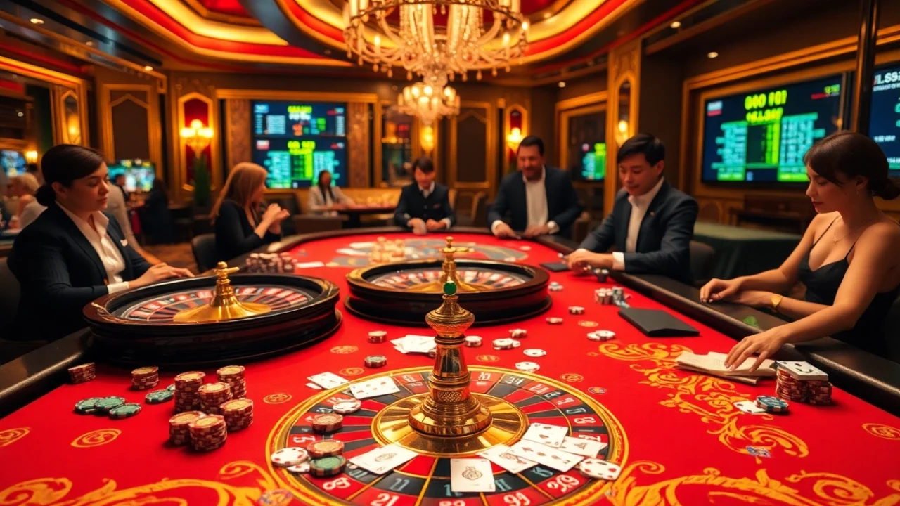 Players engaging at the luxurious gaming table at lc88.com, showcasing poker chips and roulette wheels.