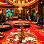 Players engaging at the luxurious gaming table at lc88.com, showcasing poker chips and roulette wheels.