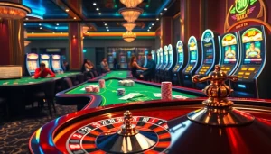 Exciting casino scene with king888 theme featuring roulette wheel, poker chips, and slot machines.