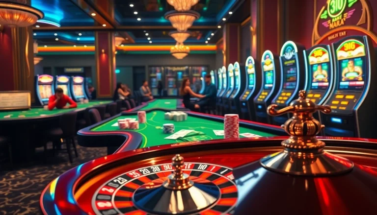 Exciting casino scene with king888 theme featuring roulette wheel, poker chips, and slot machines.