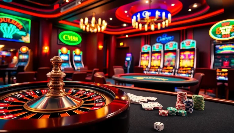 Engaging gambling scene featuring CM88-themed poker chips, roulette wheel, and inviting casino atmosphere.