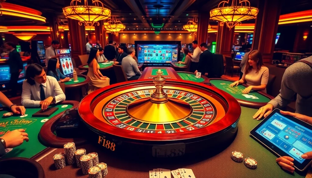 Experience the thrill of F168 with vibrant casino elements, poker, and roulette in a luxurious setting.