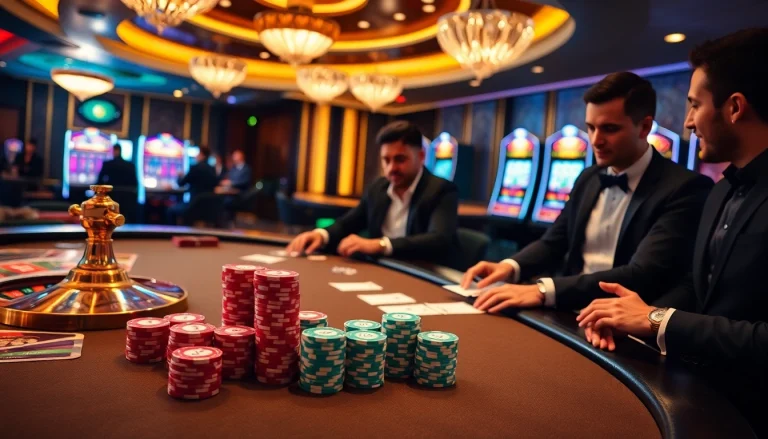 Players engaging in high-stakes poker at ww88 casino tables with vibrant chips.