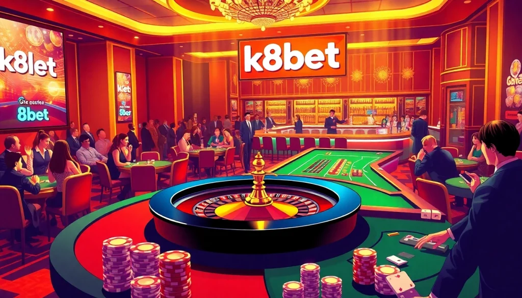 Experience high-stakes gameplay at K8BET, showcasing thrilling casino activities and a vibrant atmosphere.
