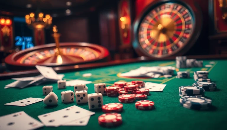 Engaging scene of Tài Xỉu MD5 gameplay with dice, chips, and a roulette wheel.