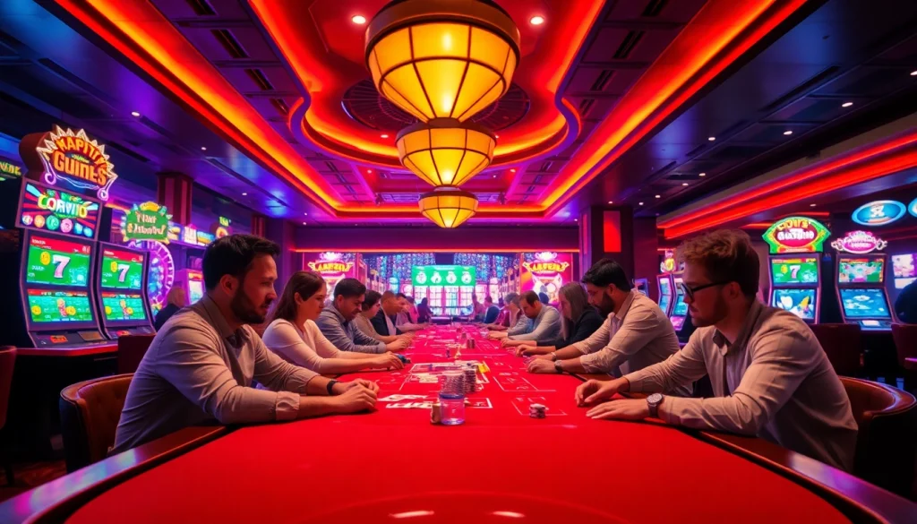 Exciting gaming atmosphere at ev88win.live with players at vibrant casino tables.