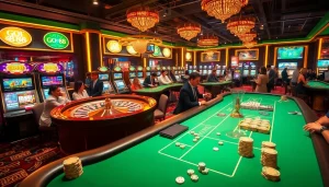 Experience the excitement of GO 88 with vibrant casino gaming tables and spinning roulette wheels.