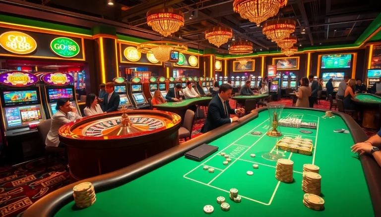 Experience the excitement of GO 88 with vibrant casino gaming tables and spinning roulette wheels.