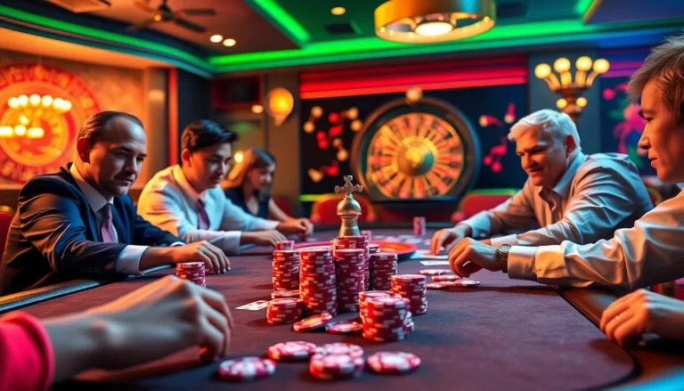 Engaging players at a high-stakes casino table featuring lô kép xsmb betting slips and vibrant chips.