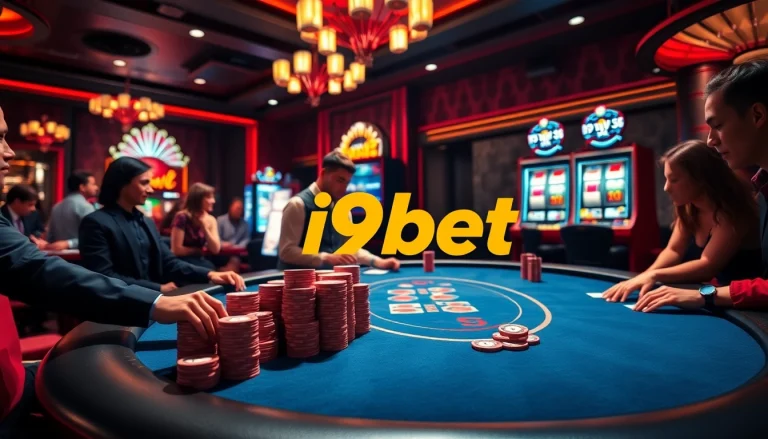 Engaged players enjoying a poker game at i9bet's luxurious casino table, showcasing high-stakes excitement.