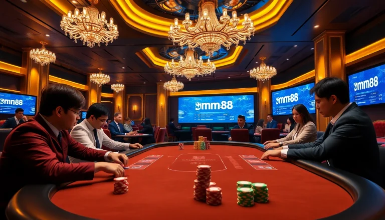 Experience high-stakes gaming at mm88 with vibrant poker tables and professional dealers.