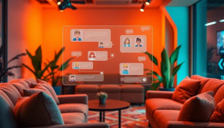 Engaging spicy AI chatbot experience in a modern lounge setting, showcasing interactive character avatars.