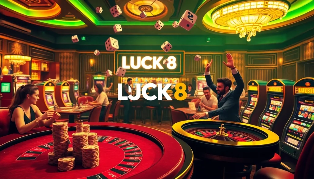 Players enjoying thrilling games at Luck8 casino surrounded by vibrant slot machines and poker tables.