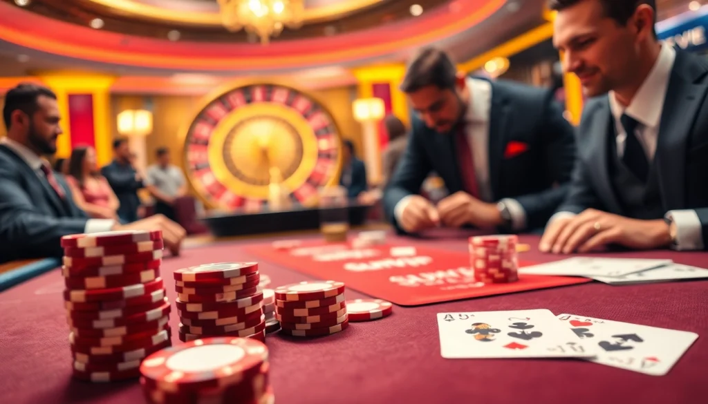 Sumvip poker players strategizing at a high-stakes table with vibrant casino elements.