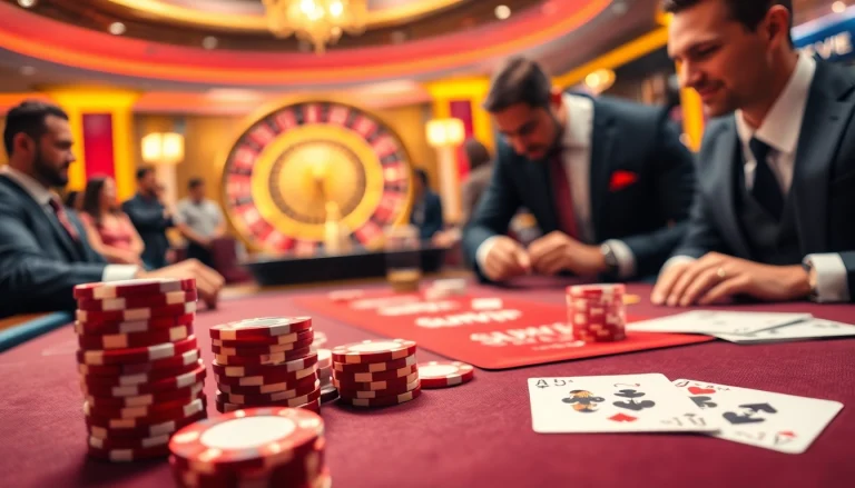 Sumvip poker players strategizing at a high-stakes table with vibrant casino elements.