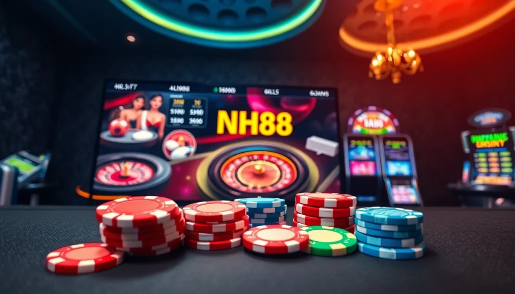 Engage with NH88's vibrant online casino game environment featuring lively poker chips and roulette.