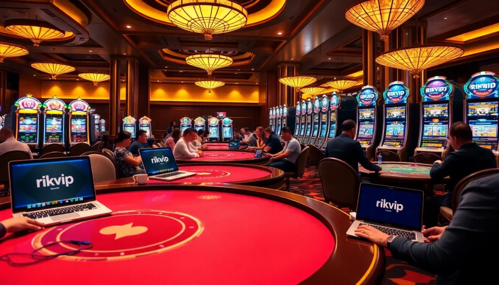 Engaging casino scene showcasing players at rikvip tables with excitement and luxury.