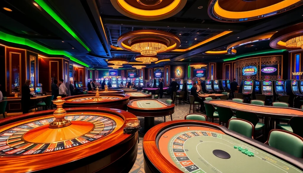 Engaging MAX88 casino scene with vibrant roulette wheels and poker tables filled with chips.