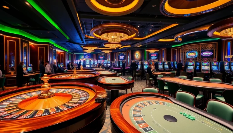 Engaging MAX88 casino scene with vibrant roulette wheels and poker tables filled with chips.