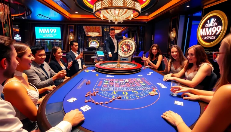 Winning at MM99 casino with enthusiastic players at a blackjack table.