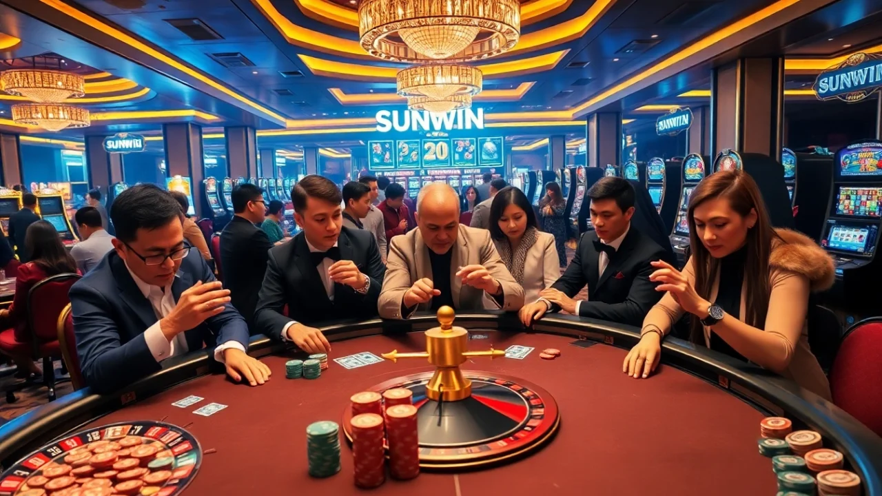 Players enjoying high-stakes games at SUNWIN's vibrant casino scene.