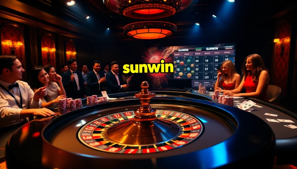 Sunwin players enjoying a vibrant and luxurious casino atmosphere with roulette and poker action.