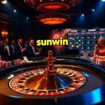 Sunwin players enjoying a vibrant and luxurious casino atmosphere with roulette and poker action.